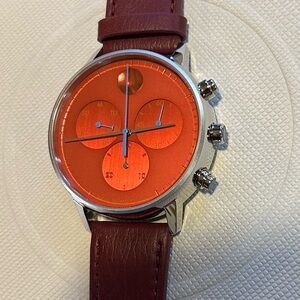 Movado FACE Watch With 43mm Red Chronograph Face & Burgandy Red Leather …